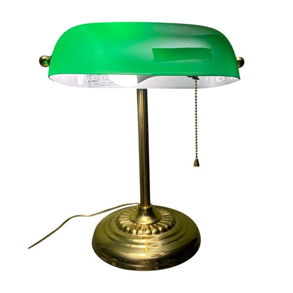 Underwriter Laboratories VTG Green Glass Shade Brass Banker Portable Desk Lamp - Picture 1 of 11